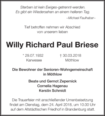 Traueranzeige von Willy Richard Paul Briese von Märkische Oderzeitung