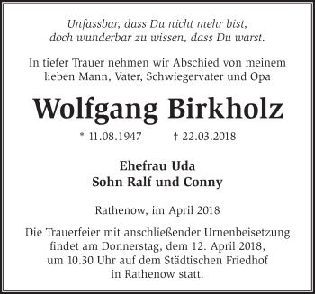 Traueranzeige von Wolfgang Birkholz von Märkische Oderzeitung