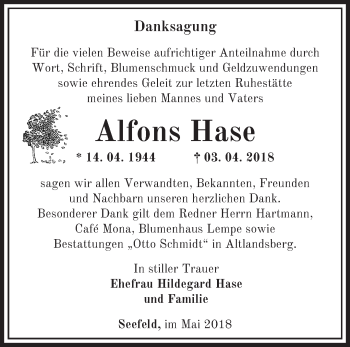 Traueranzeige von Alfons Hase von Märkische Oderzeitung