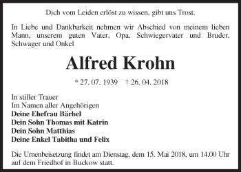 Traueranzeige von Alfred Krohn von Märkische Oderzeitung