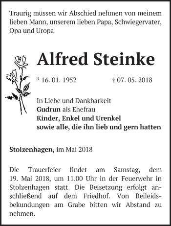 Traueranzeige von Alfred Steinke von Märkische Oderzeitung