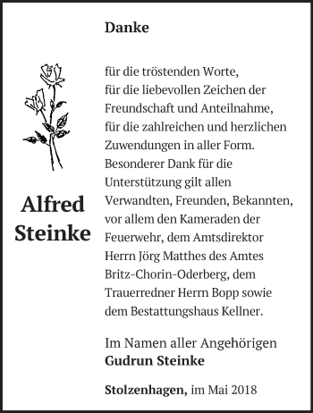 Traueranzeige von Alfred Steinke von Märkische Oderzeitung