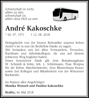 Traueranzeige von Andre Kakoschke von Märkische Oderzeitung