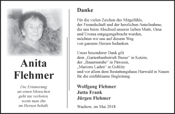 Traueranzeige von Anita Flehmer von Märkische Oderzeitung