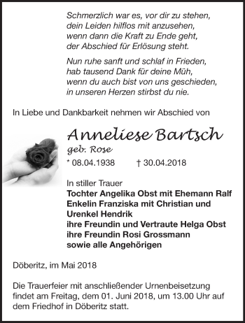 Traueranzeige von Anneliese Bartsch von Märkische Oderzeitung