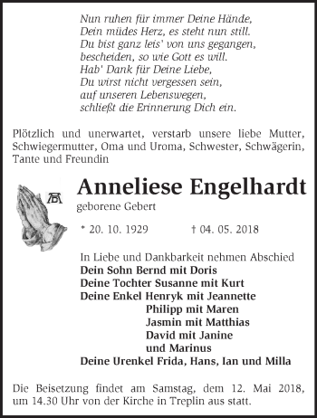 Traueranzeige von Anneliese Engelhardt von Märkische Oderzeitung