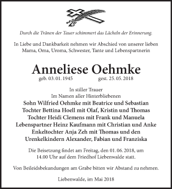 Traueranzeige von Anneliese Oehmke von Märkische Oderzeitung