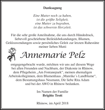 Traueranzeige von Annemarie Pelz von Märkische Oderzeitung