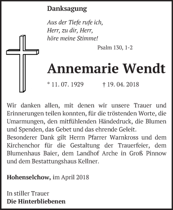 Traueranzeige von Annemarie Wendt von Märkische Oderzeitung