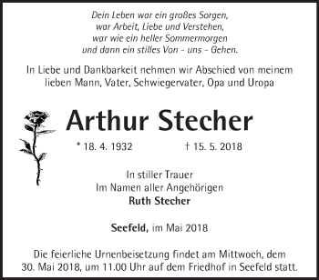 Traueranzeige von Arthur Stecher von Märkische Oderzeitung