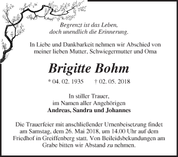 Traueranzeige von Brigitte Bohm von Märkische Oderzeitung