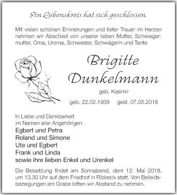 Traueranzeige von Brigitte Dunkelmann von Märkische Oderzeitung