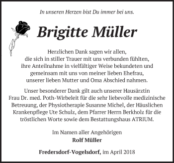 Traueranzeige von Brigitte Müller von Märkische Oderzeitung