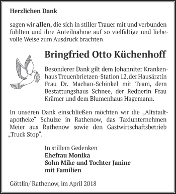 Traueranzeige von Bringfried Otto Küchenhoff von Märkische Oderzeitung