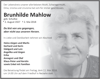 Traueranzeige von Brunhilde Mahlow von Märkische Oderzeitung