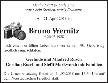 Traueranzeige von Bruno Wernitz von Märkische Oderzeitung