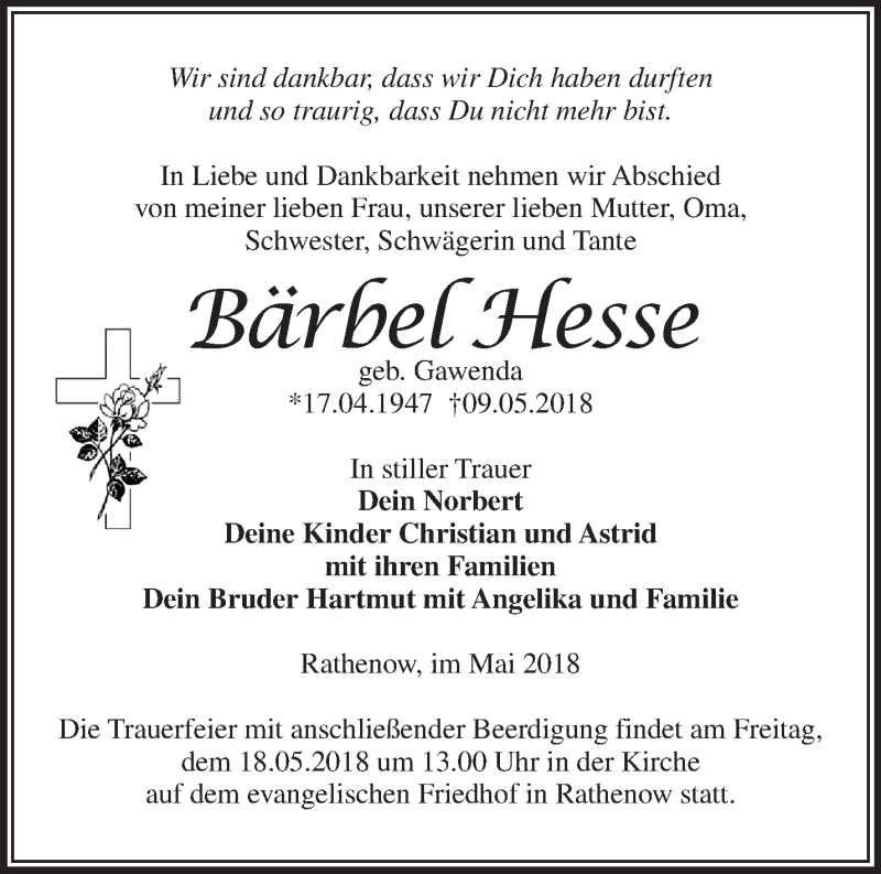  Traueranzeige für Bärbel Hesse vom 13.05.2018 aus Märkische Oderzeitung