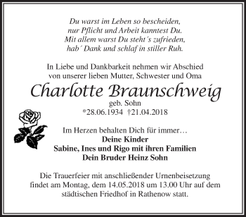 Traueranzeige von Charlotte Braunschweig von Märkische Oderzeitung