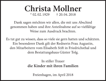 Traueranzeige von Christa Mollner von Märkische Oderzeitung