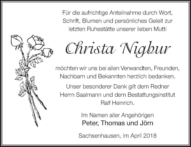 Traueranzeigen Von Christa Nigbur Märkische Onlinezeitung Trauerportal 