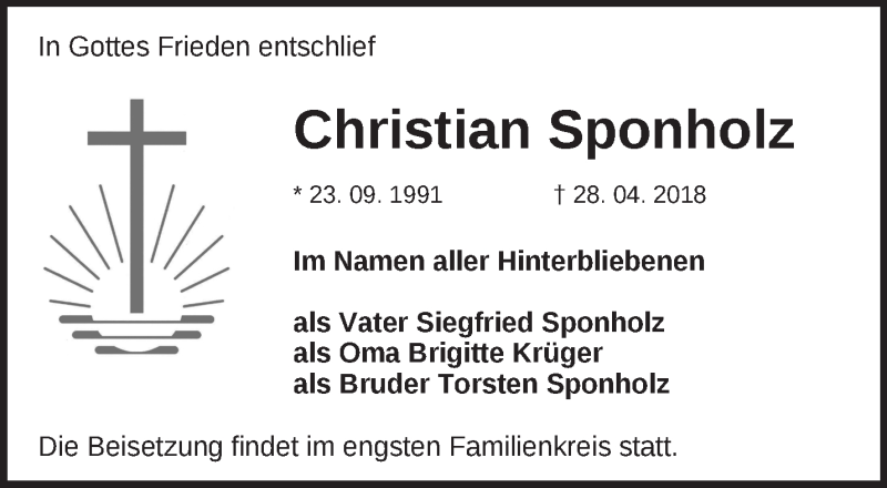  Traueranzeige für Christian Sponholz vom 20.05.2018 aus Märkische Oderzeitung