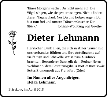 Traueranzeige von Dieter Lehmann von Märkische Oderzeitung