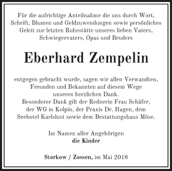 Traueranzeige von Eberhard Zempelin von Märkische Oderzeitung