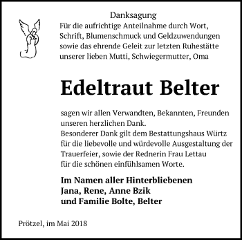 Traueranzeige von Edeltraut Belter von Märkische Oderzeitung