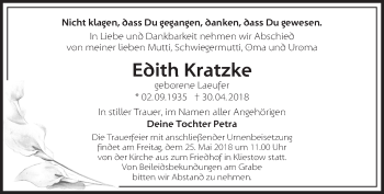 Traueranzeige von Edith Kratzke von Märkische Oderzeitung