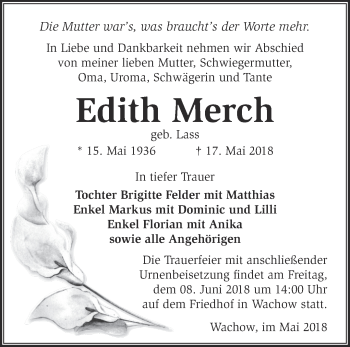 Traueranzeige von Edith Merch von Märkische Oderzeitung