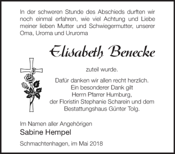 Traueranzeige von Elisabeth Benecke von Märkische Oderzeitung