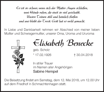 Traueranzeige von Elisabeth Benecke von Märkische Oderzeitung