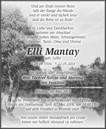 Traueranzeige von Elli Mantay von Märkische Oderzeitung