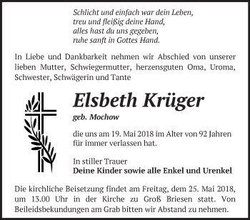 Traueranzeige von Elsbeth Krüger von Märkische Oderzeitung