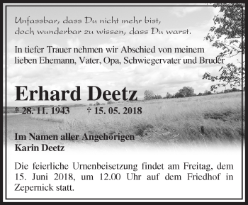 Traueranzeige von Erhard Deetz von Märkische Oderzeitung