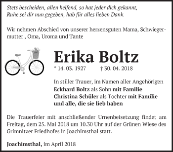 Traueranzeige von Erika Boltz von Märkische Oderzeitung