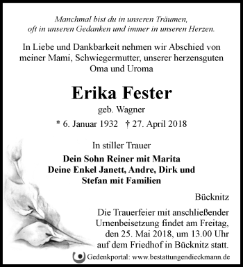 Traueranzeige von Erika Fester von Märkische Oderzeitung