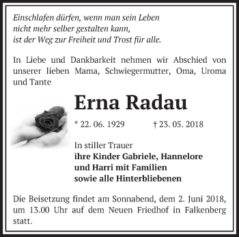 Traueranzeige von Erna Radau von Märkische Oderzeitung