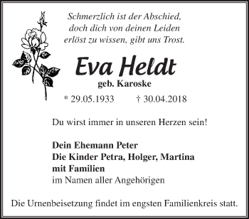 Traueranzeige von Eva Heldt von Märkische Oderzeitung