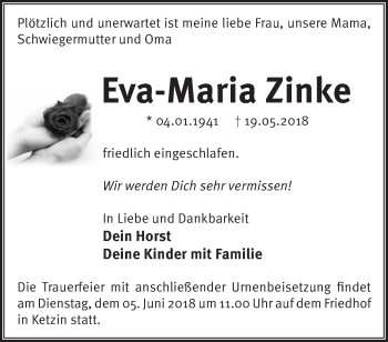 Traueranzeige von Eva-Maria Zinke von Märkische Oderzeitung