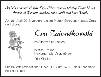 Traueranzeige von Eva Zajonskowski von Märkische Oderzeitung