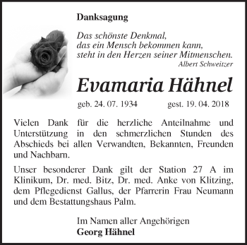 Traueranzeige von Evamaria Hähnel von Märkische Oderzeitung