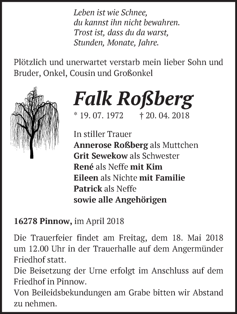  Traueranzeige für Falk Roßberg vom 06.05.2018 aus Märkische Oderzeitung