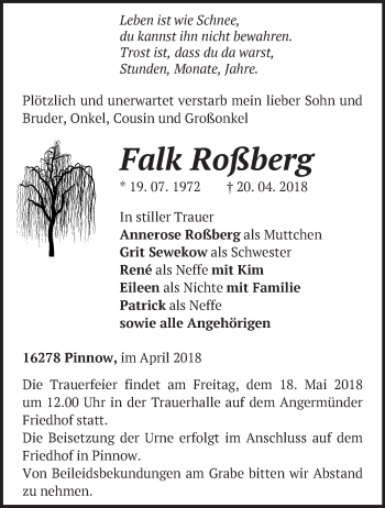 Traueranzeige von Falk Roßberg von Märkische Oderzeitung