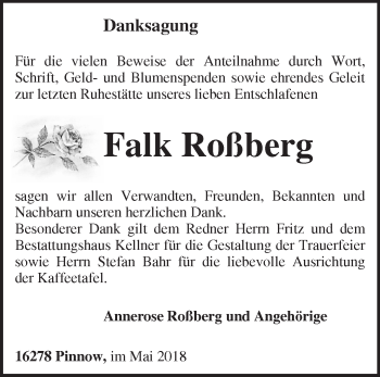 Traueranzeige von Falk Roßberg von Märkische Oderzeitung