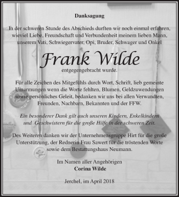 Traueranzeige von Frank Wilde von Märkische Oderzeitung