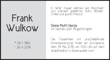 Traueranzeige von Frank Wulkow von Märkische Oderzeitung