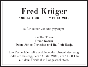 Traueranzeige von Fred Krüger von Märkische Oderzeitung