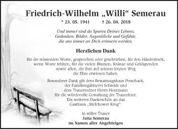 Traueranzeige von Friedrich-Wilhelm Semerau von Märkische Oderzeitung