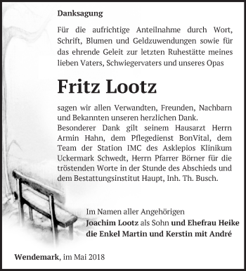 Traueranzeige von Fritz Lootz von Märkische Oderzeitung